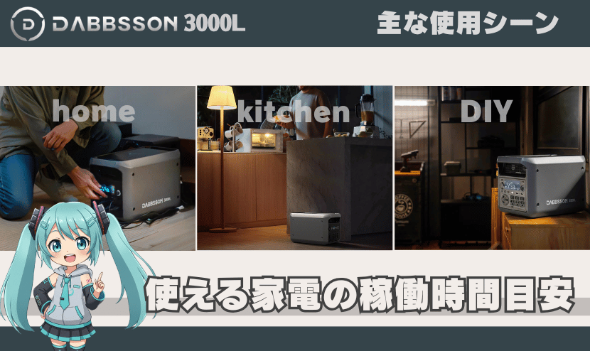 3000Lの主な使用シーン|使える家電の稼働時間目安