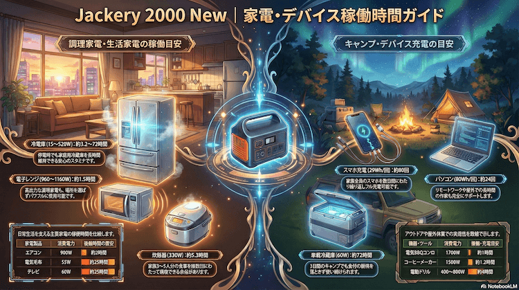 ジャクリ2000 Newで使える家電｜稼働時間の目安