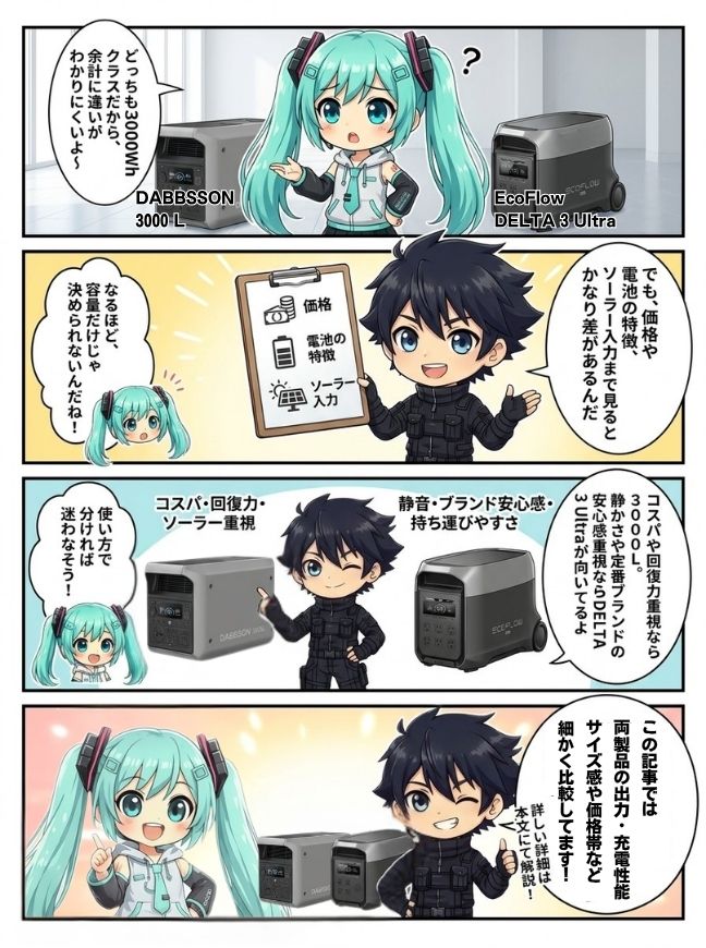 "ダブソン 3000Lとエコフロー DELTA 3 Ultra、結局どっちが向いてる？4コマ漫画