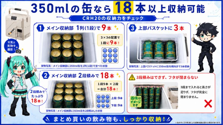 350mlの缶なら2段積みで18本以上収納可能