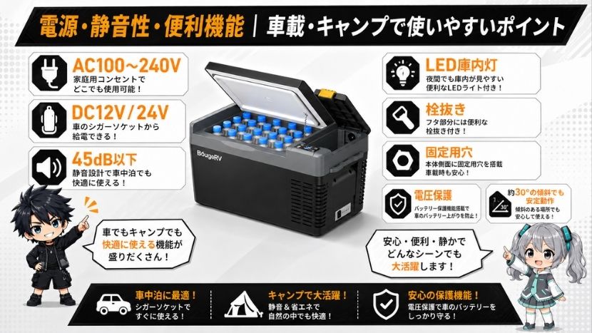 電源・静音性・便利機能｜車載・キャンプで使いやすいポイント