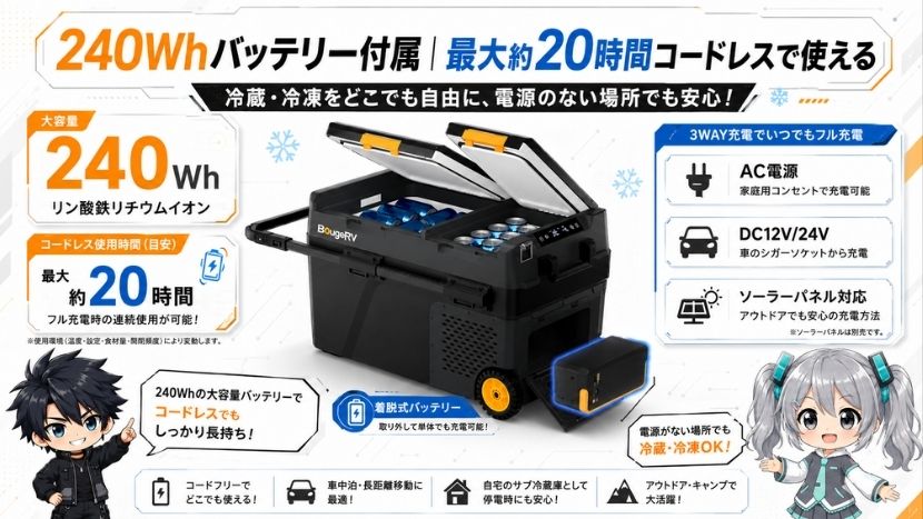 240Whバッテリー付属|最大約20時間コードレスで使える