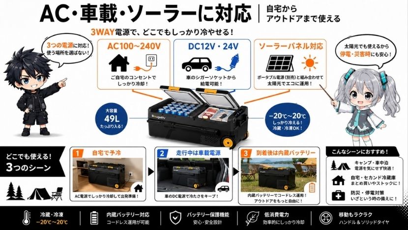 AC・車載・ソーラーに対応｜自宅からアウトドアまで使える