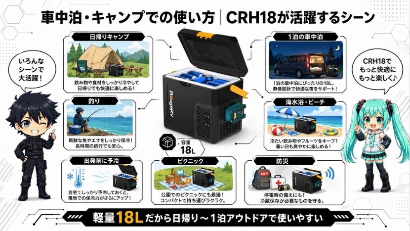 車中泊・キャンプでの使い方｜CRH18が活躍するシーン