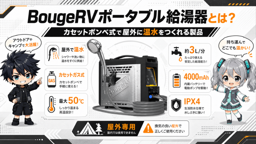 BougeRV ポータブル給湯器を徹底解説｜3秒即熱・カセットボンベ式の