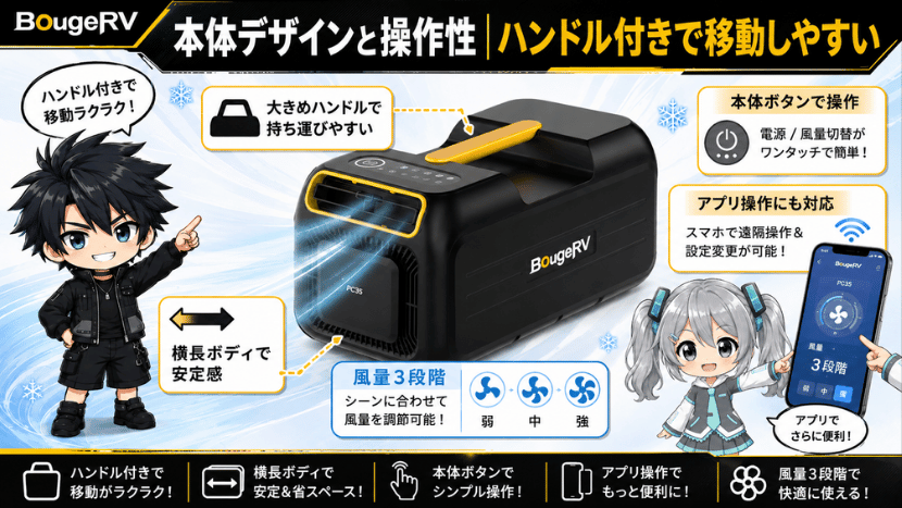 本体デザインと操作性｜ハンドル付きで移動しやすい